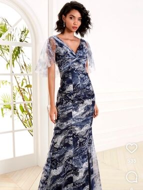 Marchesa Notte Gown Glitter Tulle Cape  Sleeve Navy Blue 6 NWT NEW